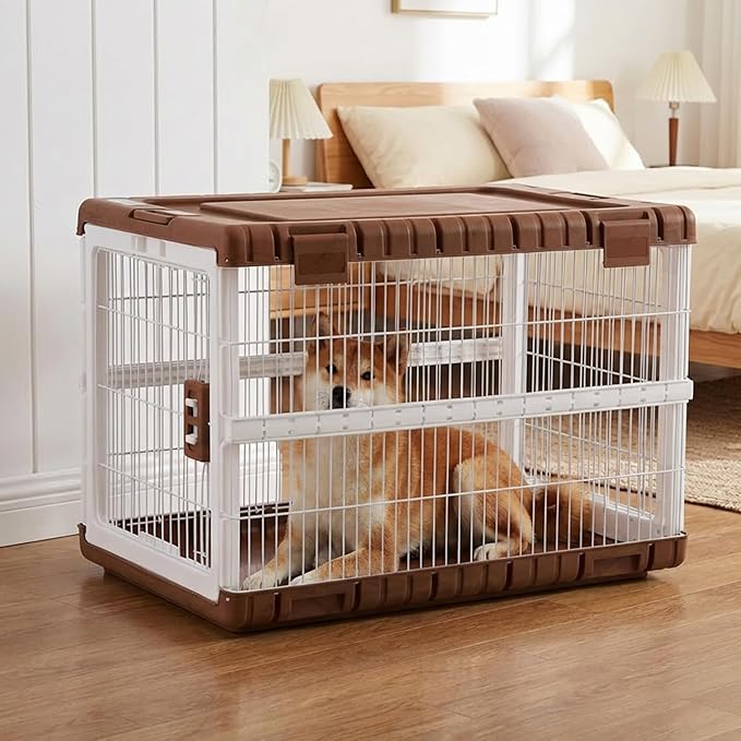 Collapsible Dog Crate for Large Dogs - 36" L Heavy Duty Dog Kennel No Tools Required with 4 Sides Steel Foldable Cage for Dogs Indoor, Portable Carrier with 2 Smooth Wheels, Woodgrain