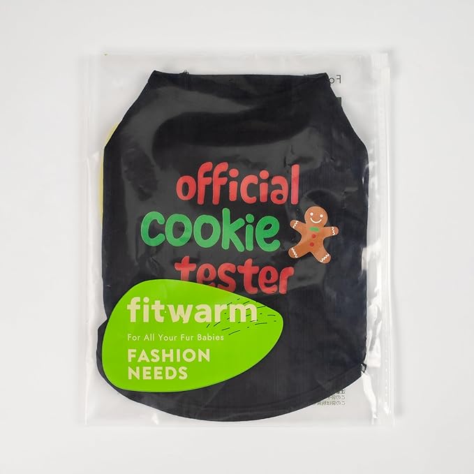 Fitwarm Official Cookie Tester Funny Dog Shirt, Christmas Dog Clothes for Small Dogs Boy Girl, Holiday Doggy Tshirt, Pet Outfit, Gingerbread, Black, Red, Green, XS