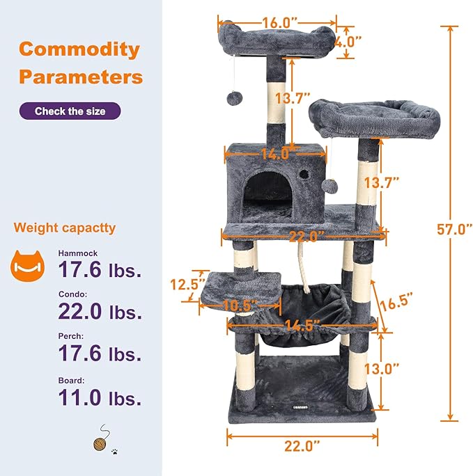 57-in Heavy-Duty Cat Tree for Large Cats, Multi-Level Tower with Sisal Scratching Posts, Plush Perch, Hammock & Condo Anti-Tip Design