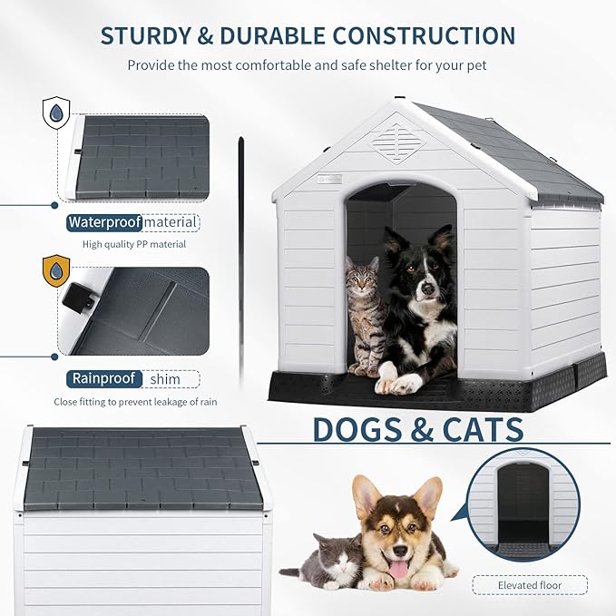 OFIKA Large Dog House Outdoor Indoor,Insulated Plastic Dog House for Small Medium Large Dogs,Durable Waterproof Dog House with Air Vents and Elevated Floor, Ventilate & Easy Clean, Assemble