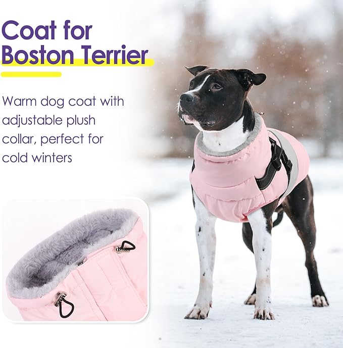 SUNFURA Dog Winter Coat, Waterproof Dog Coat Jacket with Harness for Medium Breeds Boys Girls, Reflective Fleece Lined Pet Snow Jacket Sweaters for Pug, Jack Russel, Boston Terrier, Pink M