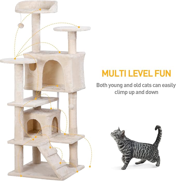 LEMY 54 Inch Cat Tree,Multi-Level Cat Tower Condo for Indoor Kittens,Beige Cat House with Sisal-Covered Scratching Post for Cats to Play and Sleep