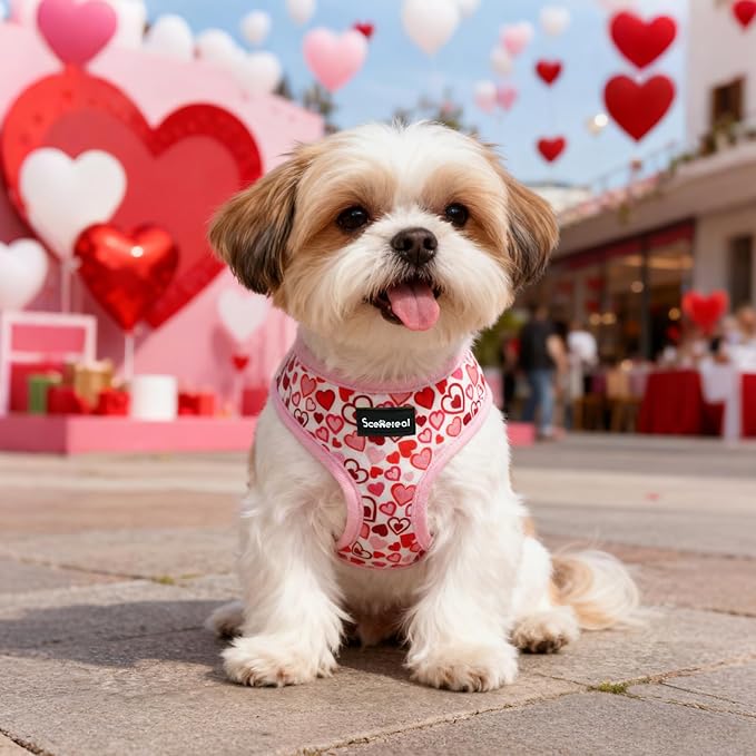 SCENEREAL Valentine's Day No Pull Dog Harness Collar Leash Set for Small Sized Dogs, Soft Mesh Plaid Harnesses for Fall Winter, Adjustable Pet Vest for Outdoor Walking Training and Running, S