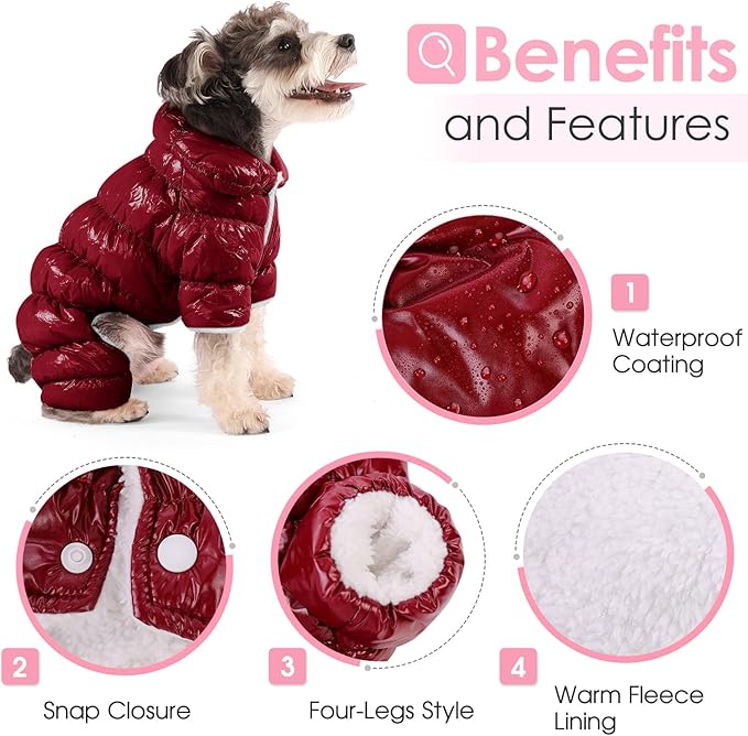 AOFITEE Dog Winter Coat, Waterproof Dog Jacket, Fullbody Dogs Winter Coat Snowsuit, Windproof Puppy Puffer Jacket Snow Suit with Legs, Pet Fleece Vest Coats for Small Dogs, Christmas Red XL