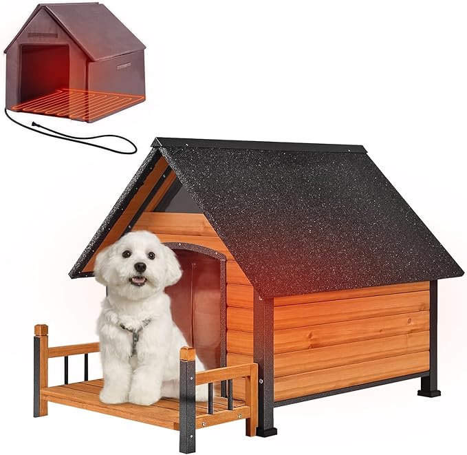 Outdoor Dog House with All-Around Insulated Liner Weatherproof Puppy Shelter Indoor Dog Kennel, Anti-Bite Dog Home for Large Breed with Porch (Brown (Heated Liner), Medium)