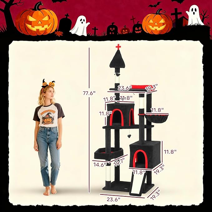 PawHut Gothic Cat Tree, 78" Extra Tall Cat Tower for Indoor Kittens with 2 Spacious Condos, Sisal Scratching Posts, 4 Bat Hanging Balls, Comfy Hammock, Ramp, Bed, Black and Red Halloween