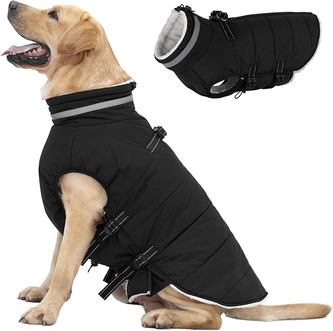 Mklhgty Large Dog Coat with Harness Built-in, Waterproof Reflective Fleece Lined - Warm Windproof Winter Jacket with Back Zipper, Cold Weather Snow Dog Coats - Black - XL