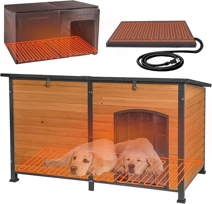 59.1’’ Extra Large Heated Dog House Outdoor for Winter, Insulated Dog Kennel with Metal Frame, Weatherproof Dog Shelter with Heating Pad and All-Around Insulated Liner for Large Breed Outside (Brown)