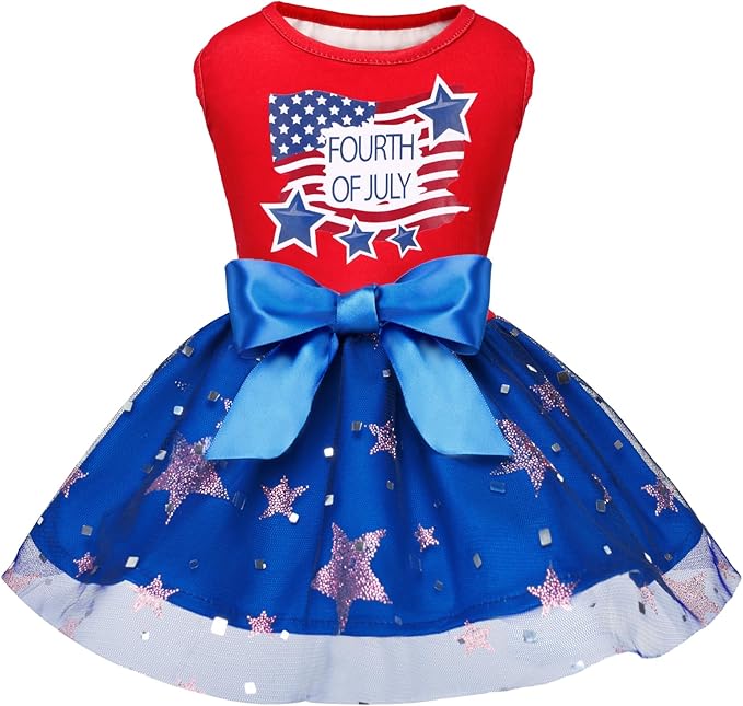 XPUDAC 4th of July Tulle Dog Dress Patriotic Clothes Doggie Outfit with Bow Independence Stars Skirt Pet Holiday Apparel for Small Dog Girl Cat, L