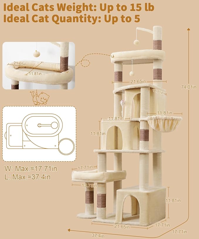 Heavy Duty Cat Tree for Indoor Cat, 74 Inch Cat Tower with Scratching Post, Hanging Basket, Cat Condo with Large Platform for Large Cats, PMT04BW, Beige