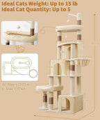 Heavy Duty Cat Tree for Indoor Cat, 74 Inch Cat Tower with Scratching Post, Hanging Basket, Cat Condo with Large Platform for Large Cats, PMT04BW, Beige