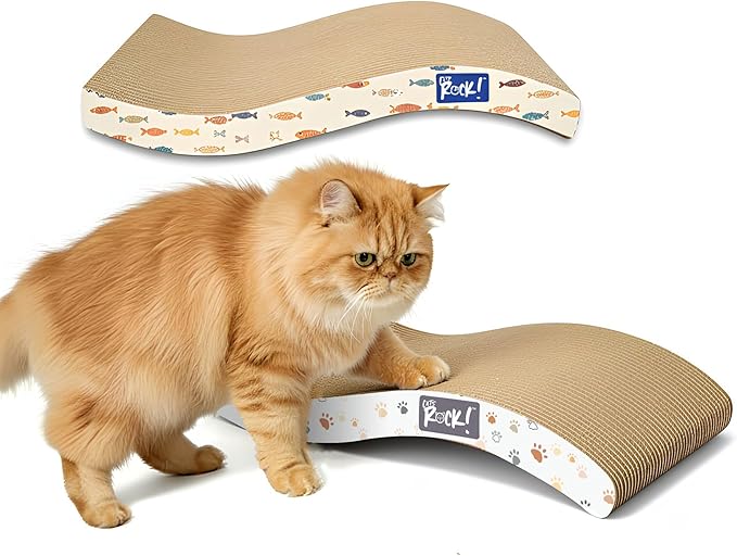 Cats Rock Scratching Board for Indoor Cats, Corrugated Cardboard Cat Scratcher with Catnip, Double-Sided Scratch Pad, Paws & Sardines Wave Design (Pack of 2)