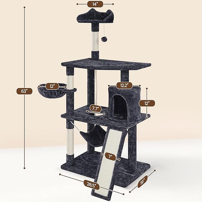 Yaheetech 63.5in Multi-Level Cat Tree Tower Condo with Scratching Posts, Platform & Hammock, Cat Activity Center Play Furniture for Kittens, Cats & Pets