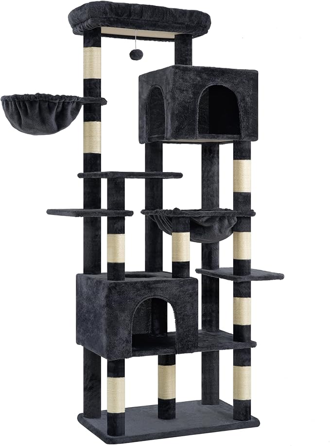 Heybly Cat Tree, 76-Inch Tall Heavy Duty Cat Tower for Big Cats with Extra Wide Baseboard, Multi-Level Large Cat Furniture with 2 Condos & 2 Hammocks, 10 Scratching Posts, Smoky Gray HCT039G