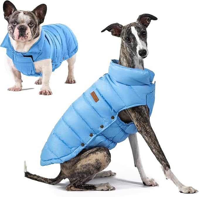 SPACE LION Dog Puffer Jacket, Down Winter Coat, Durable Outdoor Coat for Cold and Windy Conditions, Lightweight & Adjustable Fit Coats for Small & Medium Dogs, (Blue, Size12/M)