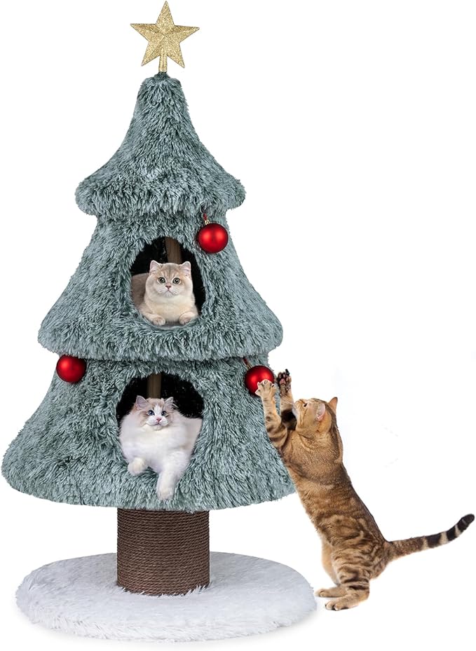 PETSITE 48.5 Inches Cat Christmas Tree, Cute Cat Tower with Scratching Post, 2 Comfy Condos and Decorative Festival Dangling Balls, Star-Shaped Ornament Sits at The Top, Soft Polar Fleece Covered