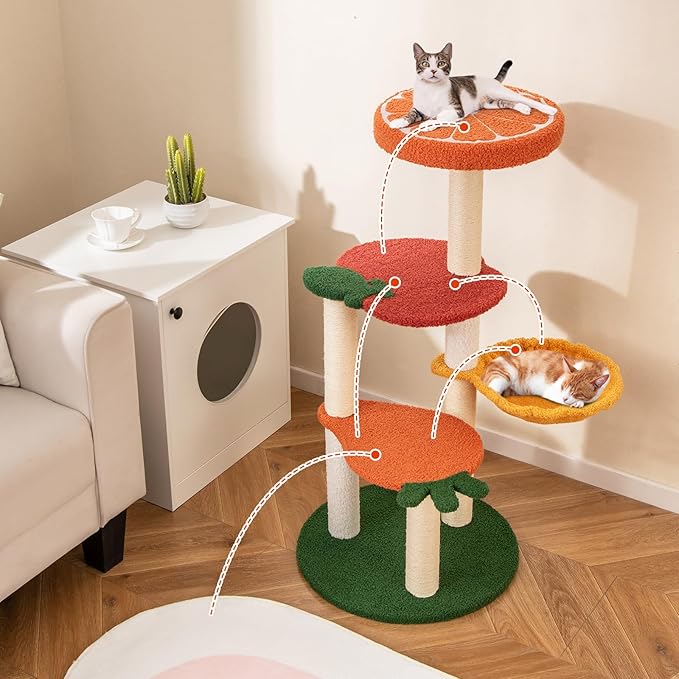 Tangkula Fruit Cat Tree, Multi-Level Cute Cat Tower with Sisal Scratching Posts, Padded Top Perch, Rotatable Basket, Apple & Carrot Shaped Platform, Chic Vegetable Cat Tree for Indoor Cats