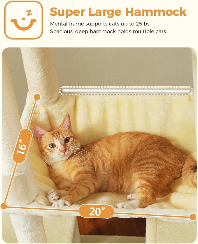 71" Tall Cat Tree for Large Cat 20 lbs with Super Large Hammock, Heavy Duty Cat Tower with 4 Sisal Scratching Posts & 2 Spacious Condos for Big Adult Cats Maine Coon-Beige