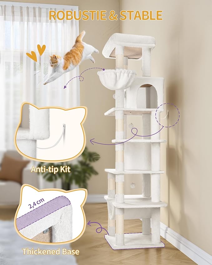 Cat Tree, 82.6" Large Cat Tower for Indoor Cats, Multi-Level Cat House with Condo, 8 Scratching Posts, Hammock, 4 Pom Poms, White MS21018WT