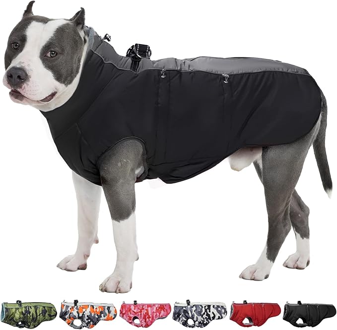 Dog Winter Jacket - 3X Large, Warm Zip Up Snowsuit Dog Harness Vest, Reflective, Water-Resistant, Black