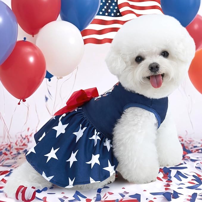 XPUDAC 4th of July Dog Dress Patriotic Clothes Stars Skirt with Bow Independence Day Doggie Outfit Pet Holiday Apparel for Small Dog Girl Cat, L