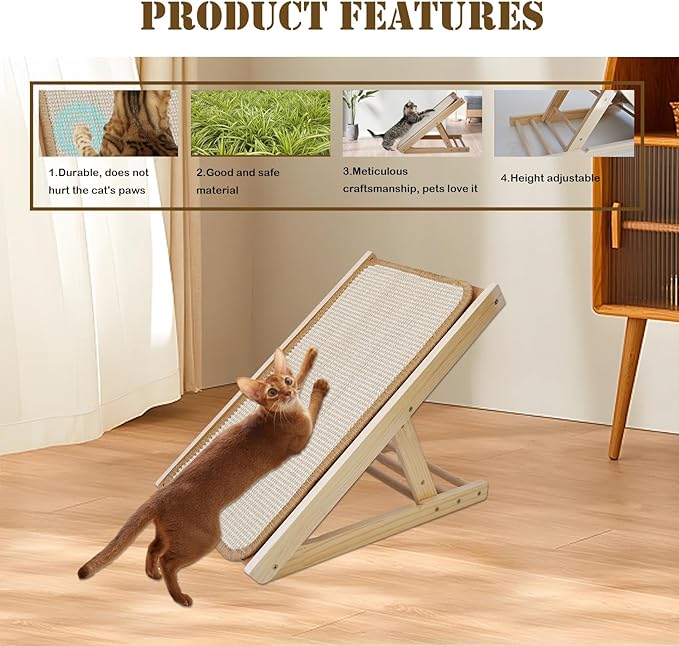 Sisal Cat Scratcher Ramp,Tilted Natural Wood Vertical Scratcher Pad for Cats with Sisal Scratching Board Durable Adjustable Height Pet Scratching Pads for Indoor Dogs Kitten Holding up to 80LBS
