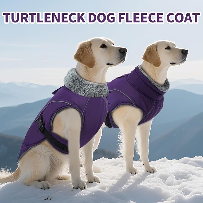 DENTRUN Winter Warm Dog Coat Reflective Jacket with Turtleneck for Cold Weather, Adjustable Buckle Windproof Water Repellent, Thick Snowsuit Fleece Vest for Small, Medium, Large Dogs, Purple, XXL