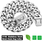 Silver Metal Dog Chain Collar with Design Secure Buckle & ID Tag,Pet Necklace,Strong Stainless Steel Cuban Link Chain,Chew Proof Indestructible Choke Walking Collar for Large Dogs(19MM 22'')