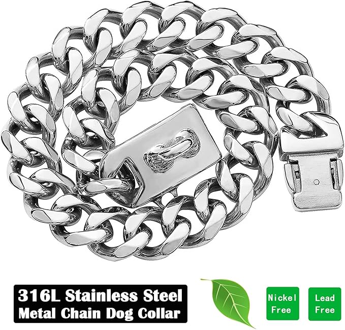 Silver Metal Dog Chain Collar with Design Secure Buckle & ID Tag,Pet Necklace,Strong Stainless Steel Cuban Link Chain,Chew Proof Indestructible Choke Walking Collar for Large Dogs(19MM 26'')