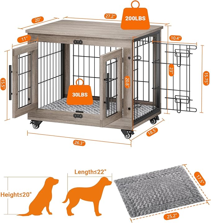 Dog Crate Furniture with Cushion Set of 2, Wooden Dog Kennel Indoor with Double Doors, Dog Cage with Wheels, Dog House Side End Table for Small Dogs up to 30 lb, 27.2" L, Grey
