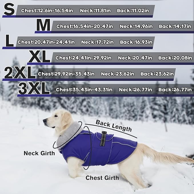 Lelepet Warm Dog Coat Reflective Fleece Vest Waterproof Dog Jacket with Adjustable Buckle Hook & Loop Windproof Cold Weather Coats for Small Medium Large Dogs, Blue, L