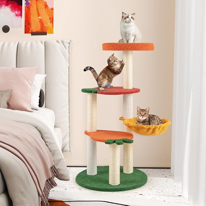 Tangkula Fruit Cat Tree, Multi-Level Cute Cat Tower with Sisal Scratching Posts, Padded Top Perch, Rotatable Basket, Apple & Carrot Shaped Platform, Chic Vegetable Cat Tree for Indoor Cats