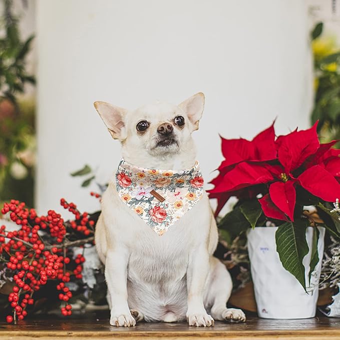 Elegant Little Tail Girl Dog Bandanas - Vintage Flower Pattern Dog Kerchief, Small/Medium/Large, Adjustable, Washable Square Scarf