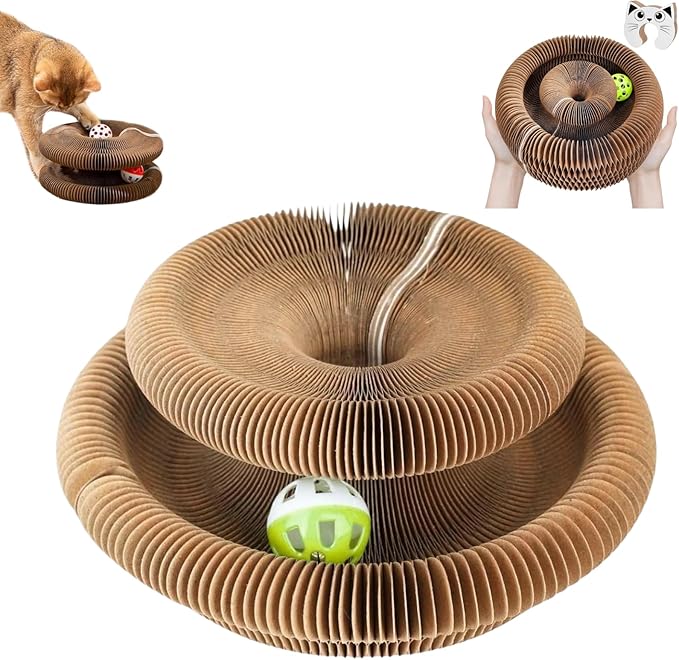 Kitty Kurlz Cat Toy, Magic Organ Cat Scratch Board, Compact Cats Accordion Toy, Foldable Interactive Cardboard Cat Scratcher Pad Toys with 1 Bell Balls for Indoor Cats