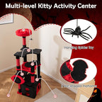Tangkula Gothic Cat Tree, Halloween Cat Tower with Sisal Scratching Posts & Board, Spooky Bat-Shaped Platforms, Spider Toy, Devil Ear-Shaped Perch, Goth Cat Tree w/Large Hammock & Condo, Black & Red