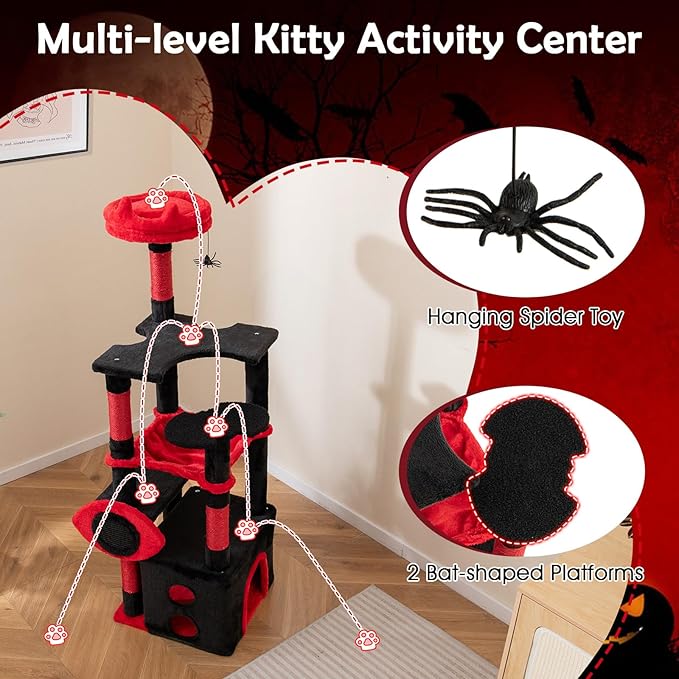 Tangkula Gothic Cat Tree, Halloween Cat Tower with Sisal Scratching Posts & Board, Spooky Bat-Shaped Platforms, Spider Toy, Devil Ear-Shaped Perch, Goth Cat Tree w/Large Hammock & Condo, Black & Red