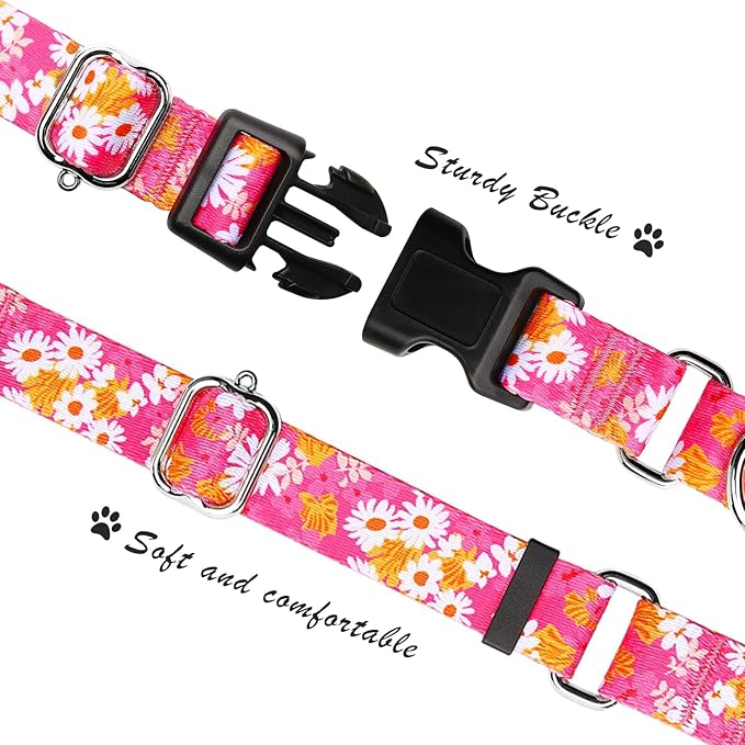 Hikiko Martingale Collar for Dogs Cute Floral Dog Collar for Small Medium Large Dogs Spring Summer Daisy Dog Collars for Girl Female Pet (Hot Pink Flower,Small)
