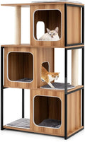 52-inch Wood Cat Tree for Indoor Cats, Multi-Level Solid Metal Framed Wooden Cat Tower with Sisal Scratching Posts and Pad, 3 Condos, and Top Platform with Cat Hole