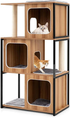 52-inch Wood Cat Tree for Indoor Cats, Multi-Level Solid Metal Framed Wooden Cat Tower with Sisal Scratching Posts and Pad, 3 Condos, and Top Platform with Cat Hole
