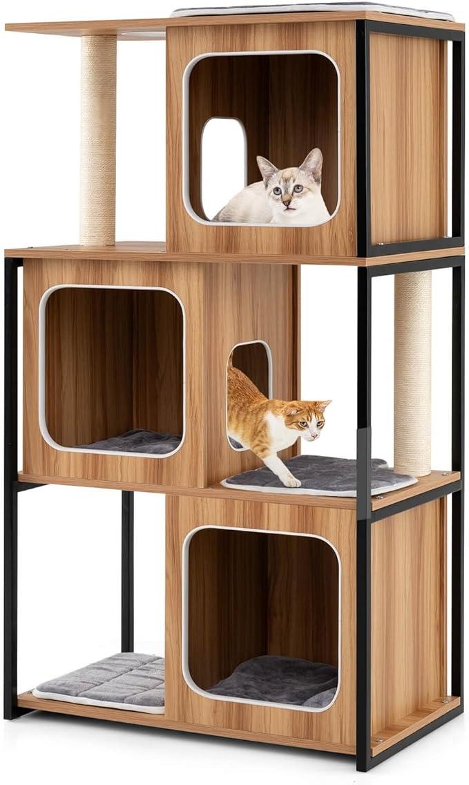 52-inch Wood Cat Tree for Indoor Cats, Multi-Level Solid Metal Framed Wooden Cat Tower with Sisal Scratching Posts and Pad, 3 Condos, and Top Platform with Cat Hole