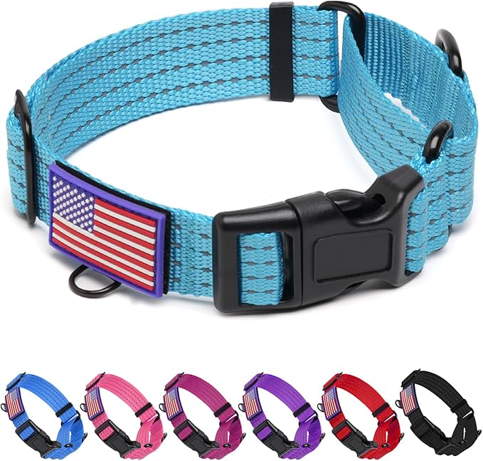 Martingale Collar for Dogs, Reflective Heavy Duty with Quick Release Nylon Buckle-USA Flag-No Pull Training Choker for Walking, Training, Sky Blue,M