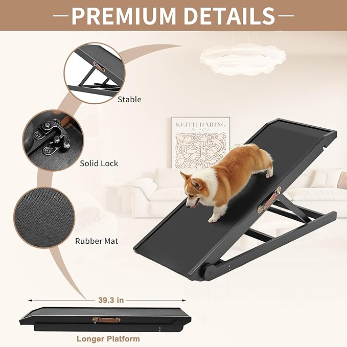 SLSY Dog Ramp for Bed, Couch & Car, Foldable Pet Ramp for Small Dogs and Cats, 4 Adjustable Heights 13.7''–19.6", Portable Stable Wooden Pet Steps with Non-Slip Pad for Sofa or Stairs