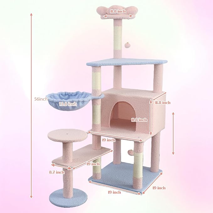 Flower Cat Tree with Large Condo, Removable Flower Cushion and Hammock, Multi-Level Cat Tower with Hanging Basket, Cat Cave, Scratching Posts,Cat Furniture for Indoor Cats, Perfect for Multiple Cats