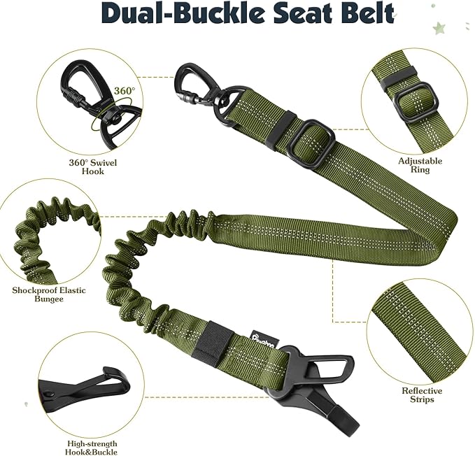Pawaboo Dog Seat Belt Harness for Car, Dog Car Harness Seatbelt with Double Clips, Adjustable Breathable Pet Vest & Dogs Safety Tether with Elastic Bungee for Small Medium Large Pet, S, Green + Black