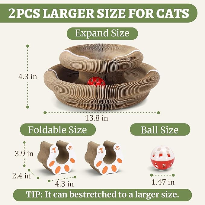 2 Pack Cat Scratcher Toys with Balls Bells, Magic Organ Foldable Cat Scratching Board for Kitten, Interactive Toys for Indoor Outdoor Exercise Anxiety Relief, Auburn