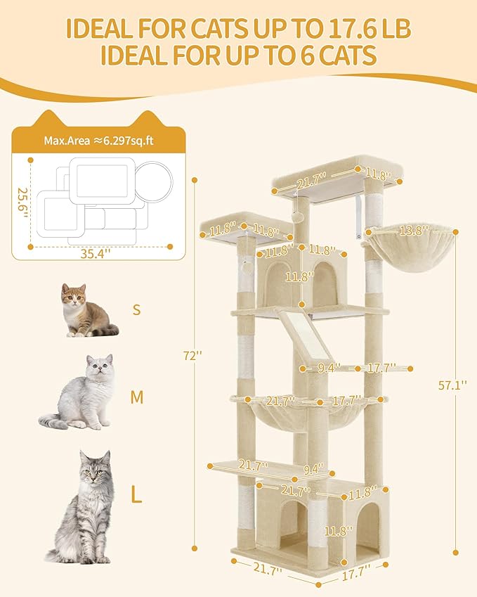 Large Cat Tree, 72 Inch Tall Indoor Cat Tower for 6 Large Cats, Corner Climbing Activity Pet Condo with 2 Large Platforms/2 Cats House/6 Scratching Post/1 Hanging Basket, Beige MS18318YG