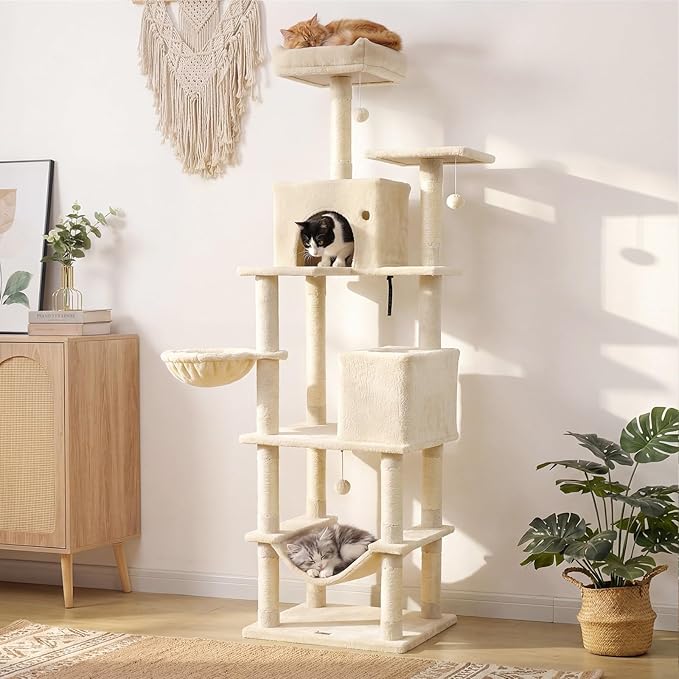 PETSITE 80-inch Tall Modern Cat Tree, Multi-Level Cat Tower with 2 Comfy Condos, Sisal Scratching Posts, Side Basket, Snug Hammock, and Dangling Balls, Ideal for Indoor Cats and Kittens (Beige)