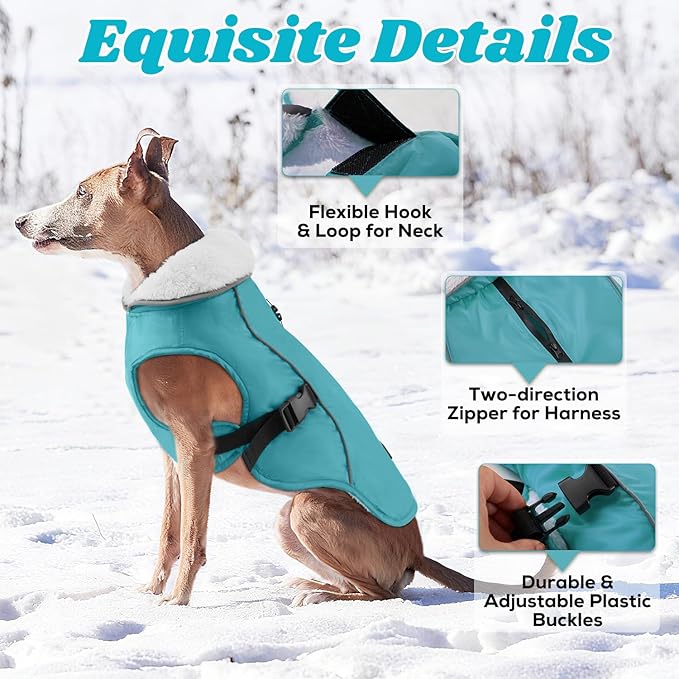 EMUST Winter Dog Jacket, Windproof Dog Apparel for Cold Weather, Reflective Coats for Dogs, Warm Puppy Jacket for Cold Winter, Turquoise, S