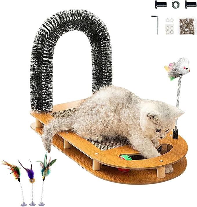 Cat Scratching Board with Cat Arch Self Groomer and Kitty Ball Toys, Cat Scratcher Cardboard for Indoor Cats, Eco-Friendly Wood, Durable, Stable and Non-Slip, Kitten Scratcher Pad (U-Shaped)