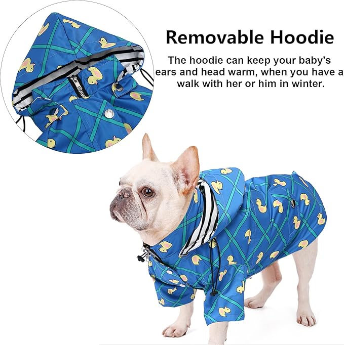 Morezi Dog Zip Up Raincoat with Reflective Buttons, Rain/Water Resistant, Adjustable Drawstring, Removable Hood, Raincoats with Legs 8lbs to 80lbs Available - Grid Blue - XS